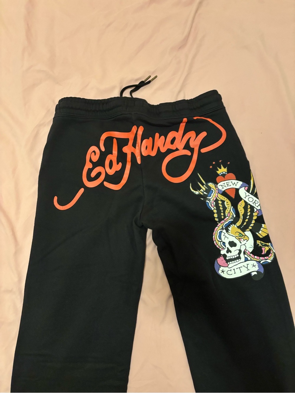 Ed Hardy Sweatpants Womens Large 32" Black Fleece Flare Y2K Tattoo Streetwear